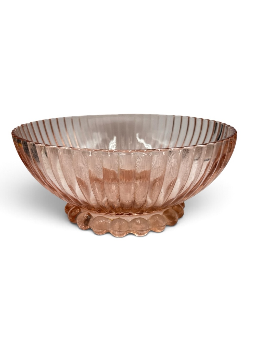 Vintage Pink Depression Glass Ribbed Footed Serving Bowl Scalloped Base 9.5”